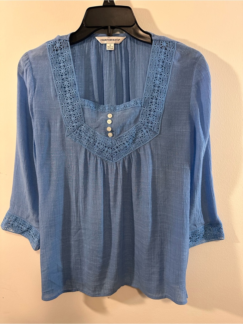Counterparts Blue Crochet Trim Peasant Blouse M